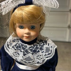 Blue and White Porcelain Doll with Lace Details